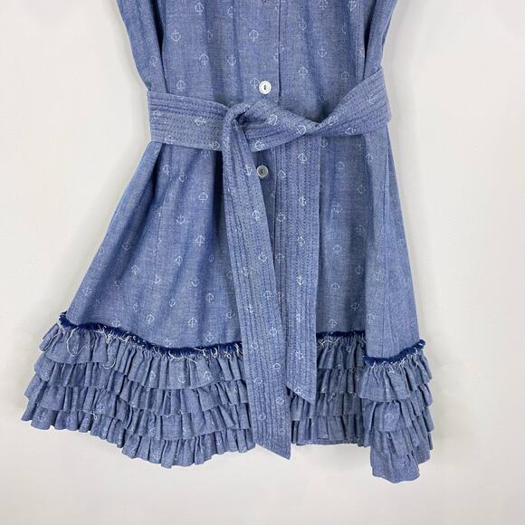 Fine Garments by Bell Chambray Ruffled Mini Dress Womens Sz 8 Nautical Anchors - Picture 7 of 11